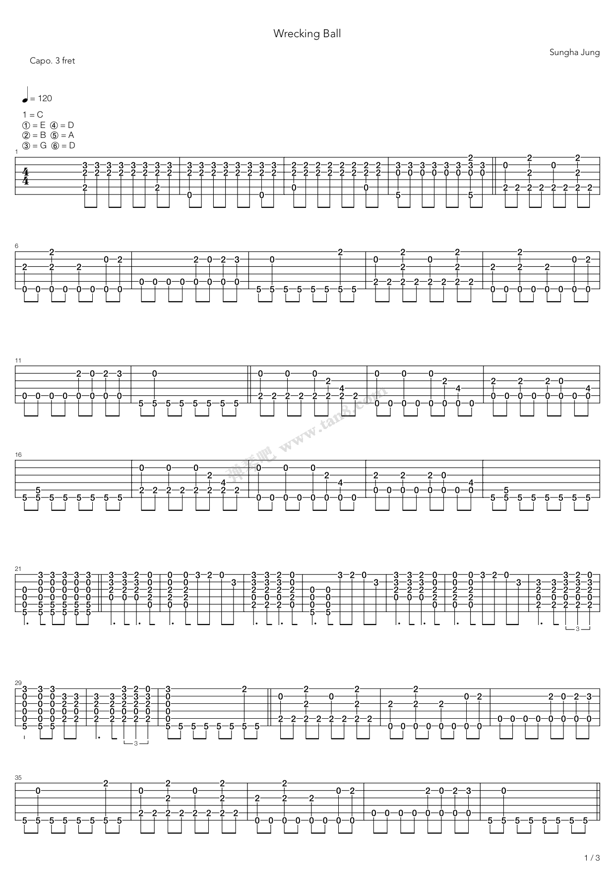 《Wrecking Ball（指弹版，郑成河）》吉他谱-C大调音乐网