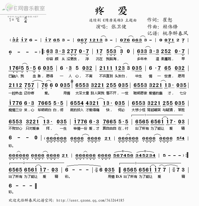 《疼爱(连续剧《隋唐英雄》主题曲)-张卫健(简谱)》吉他谱-C大调音乐网