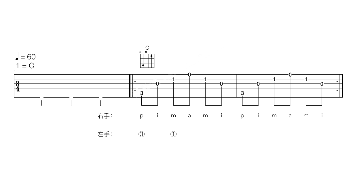 《简化C和弦左手13指练习（八分音符）》吉他谱-C大调音乐网