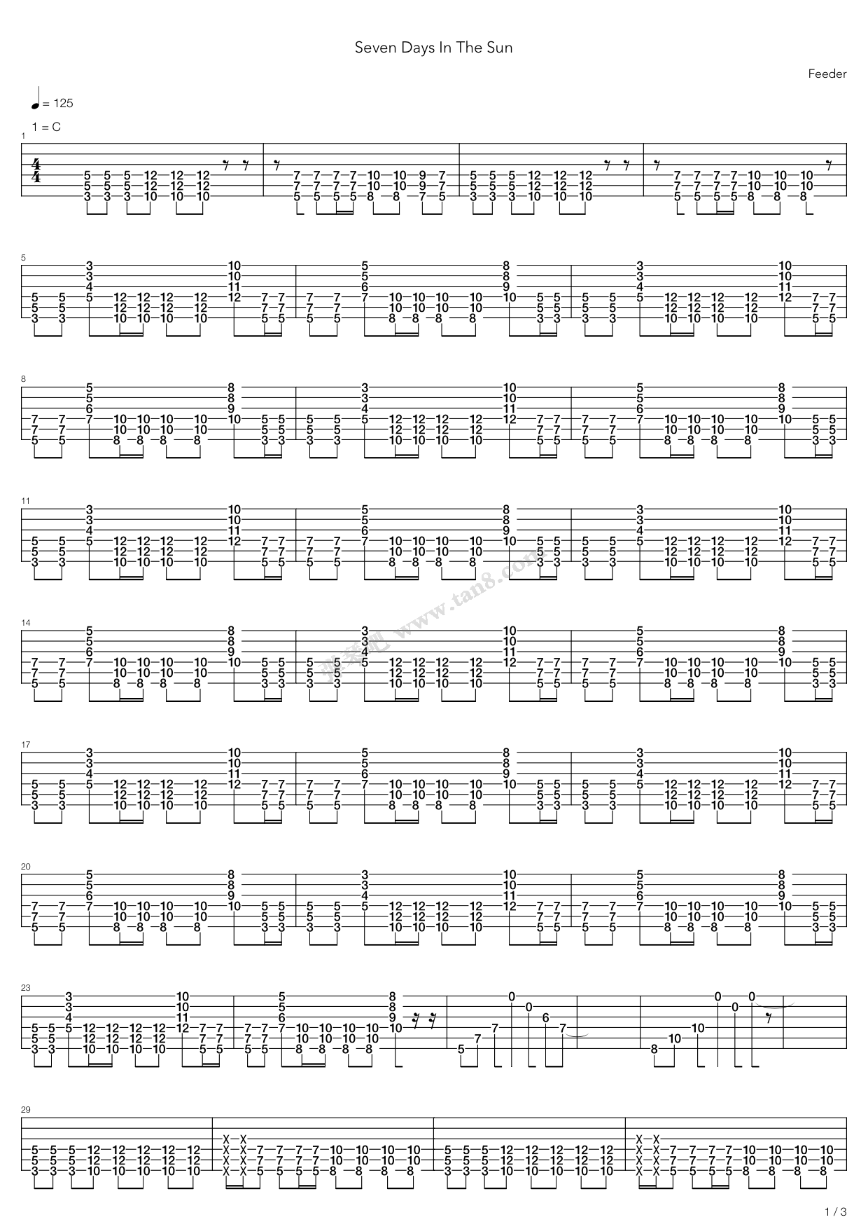 《Seven Days In The Sun》吉他谱-C大调音乐网