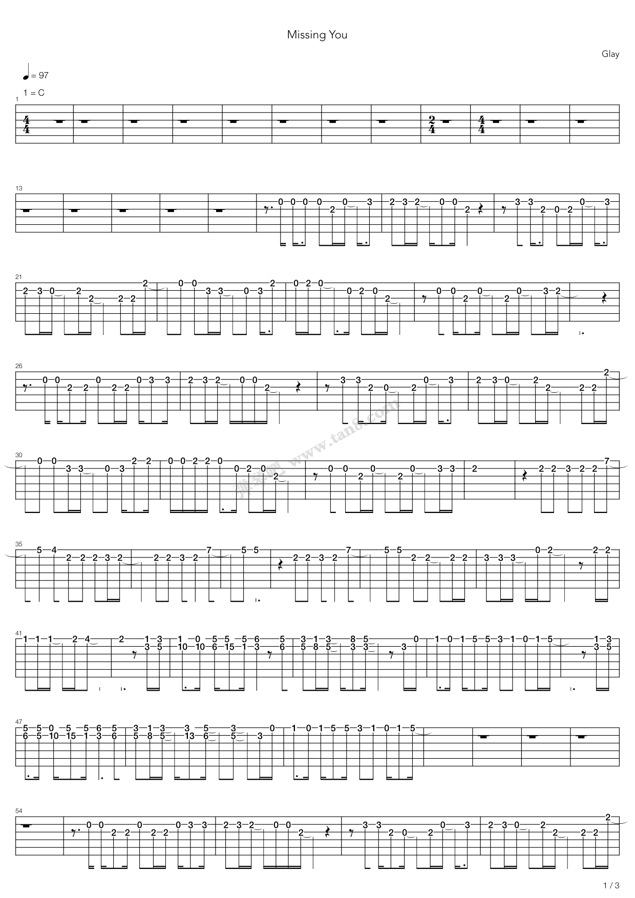 《Glay乐队- Missing You》吉他谱-C大调音乐网
