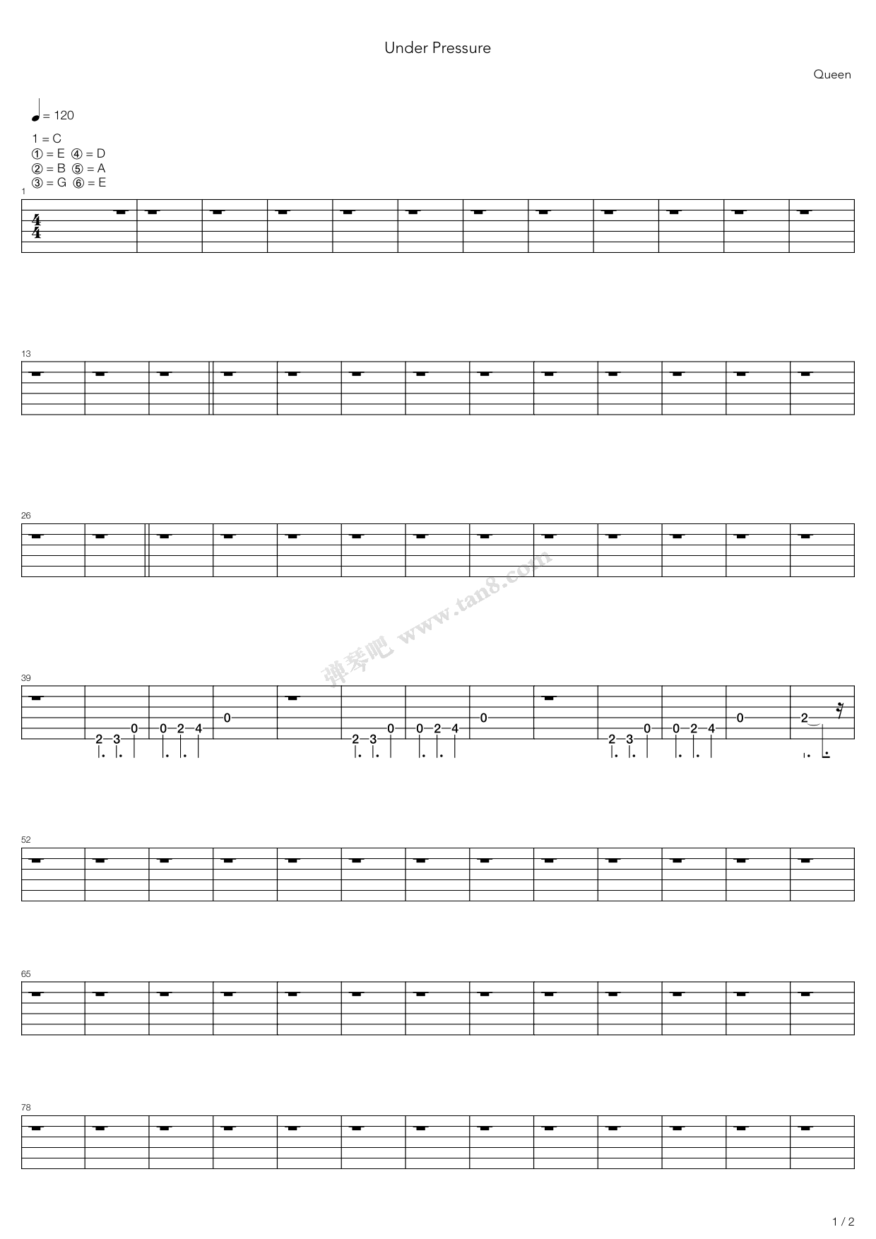 《Under Pressure》吉他谱-C大调音乐网