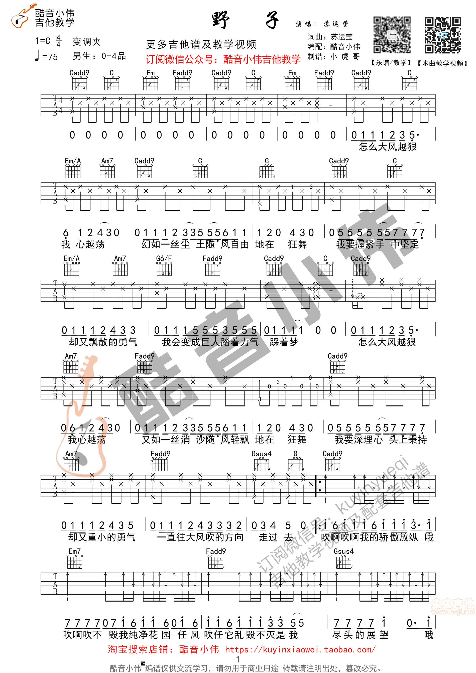 《野子》苏运莹吉他谱原版 酷音小伟吉他弹唱教...-C大调音乐网