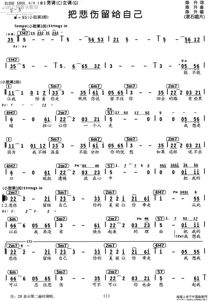 《把悲伤留给自己-陈升(简谱+和弦)》吉他谱-C大调音乐网