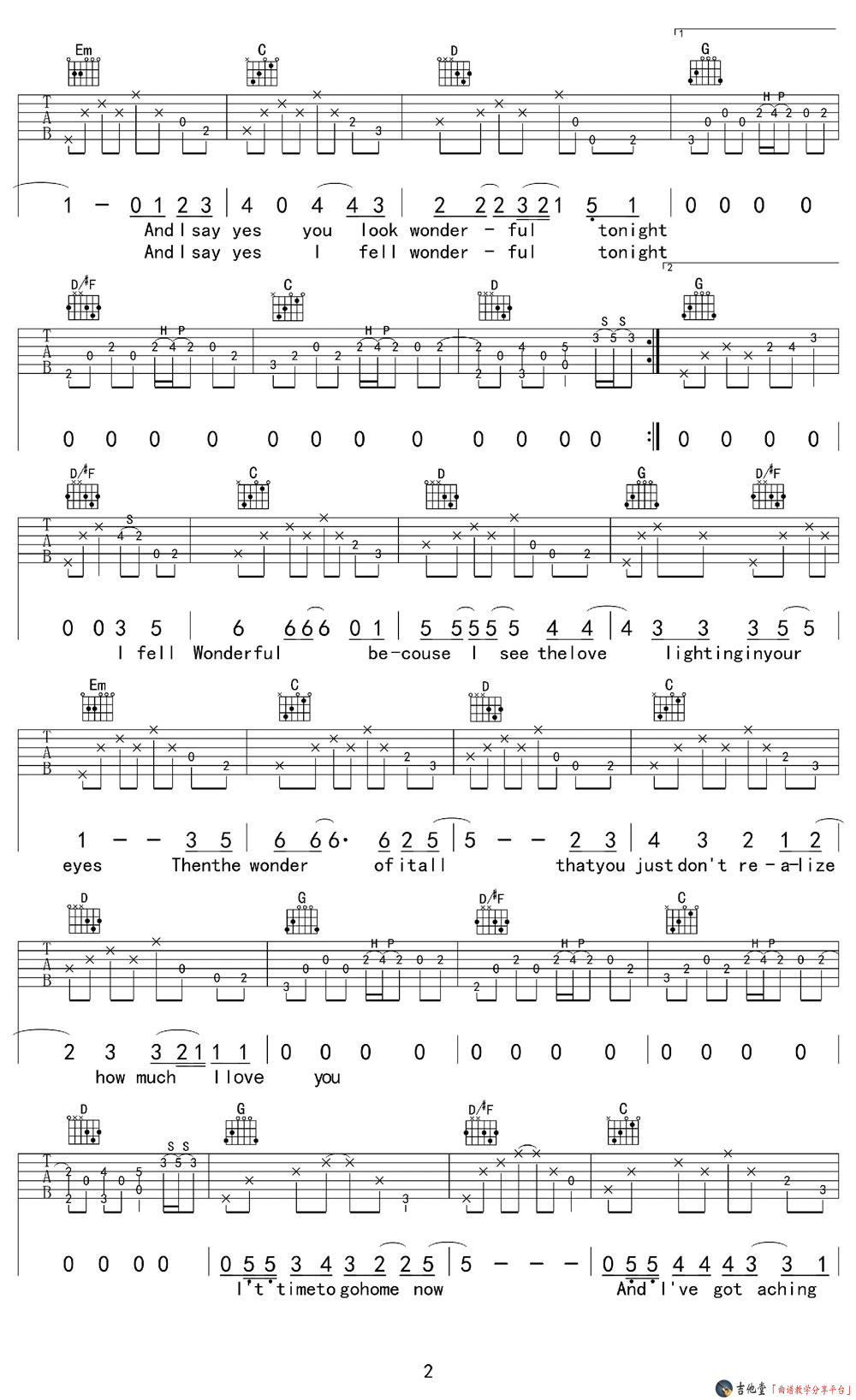 《《Wonderful Tonight》吉他谱_Eric Clapton_弹唱六线谱附弹唱演示》吉他谱-C大调音乐网
