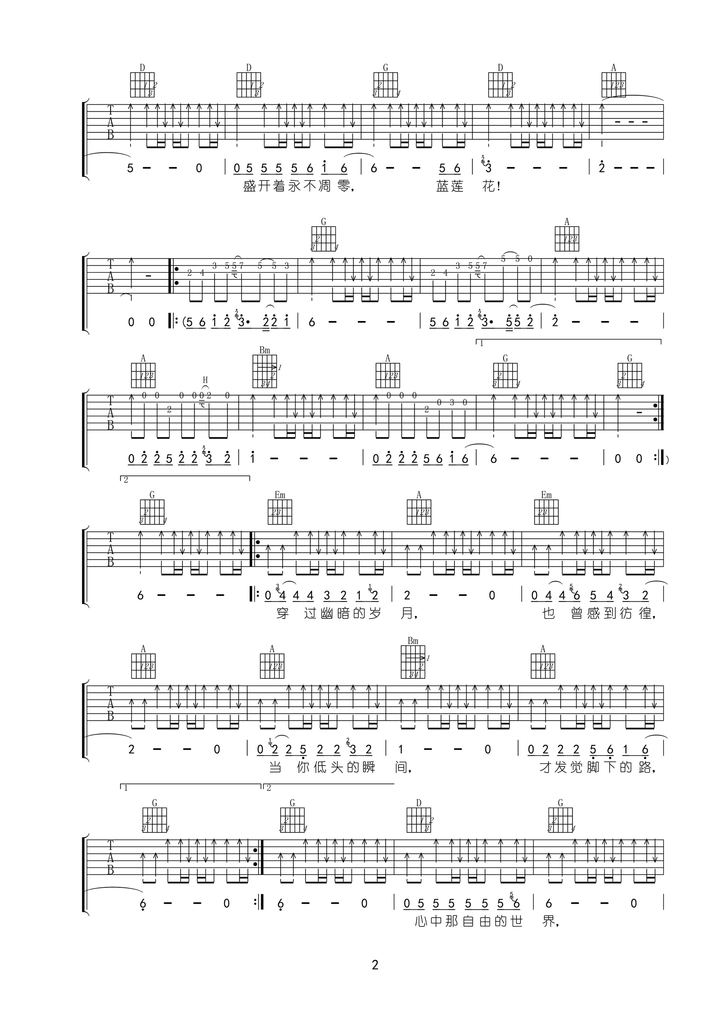 许巍 蓝莲花吉他谱 D调高清版-C大调音乐网