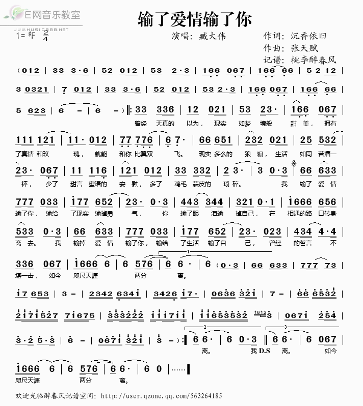 《输了爱情输了你——臧大伟（简谱）》吉他谱-C大调音乐网