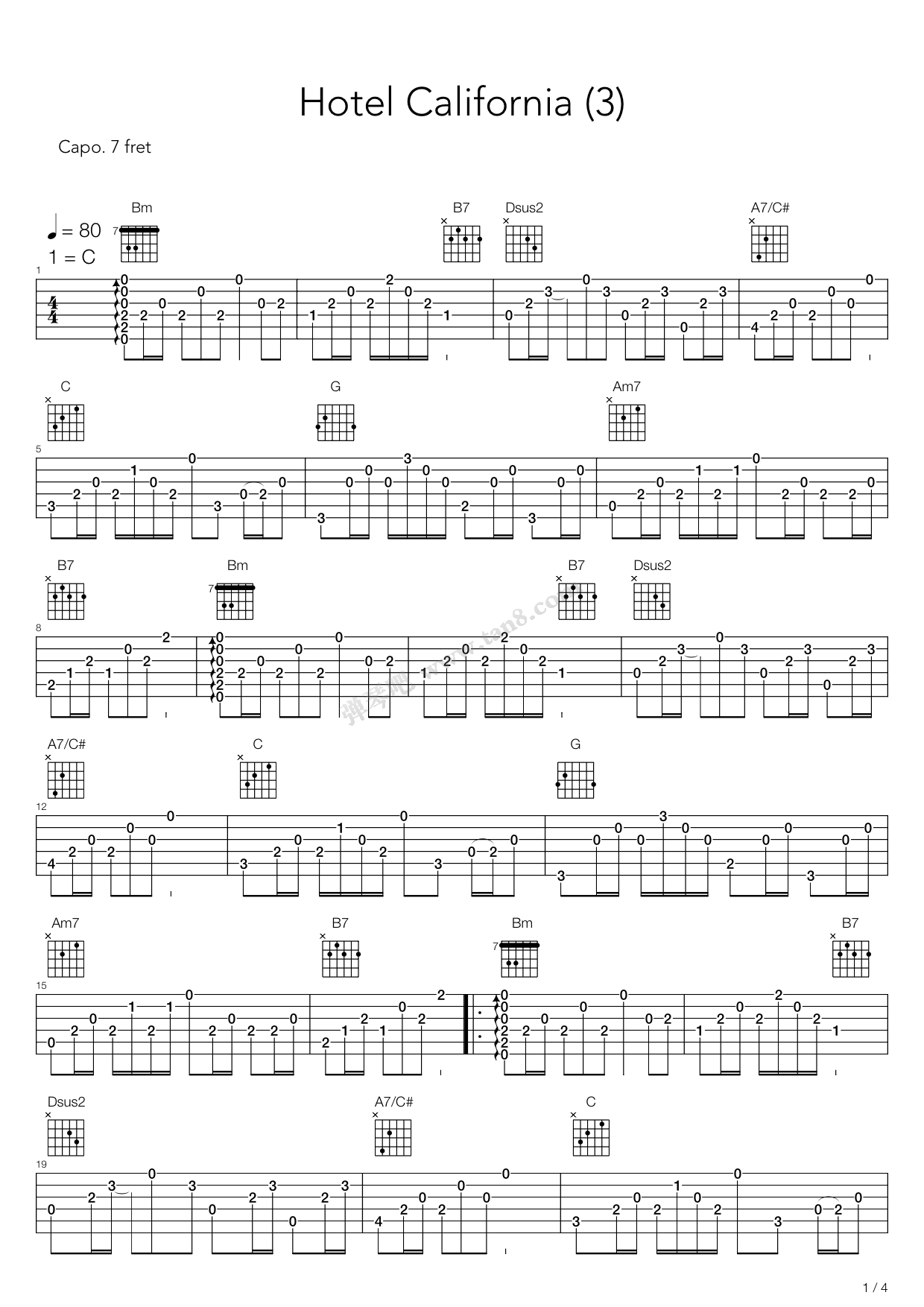 《Hotel California (加州旅馆)》吉他谱-C大调音乐网