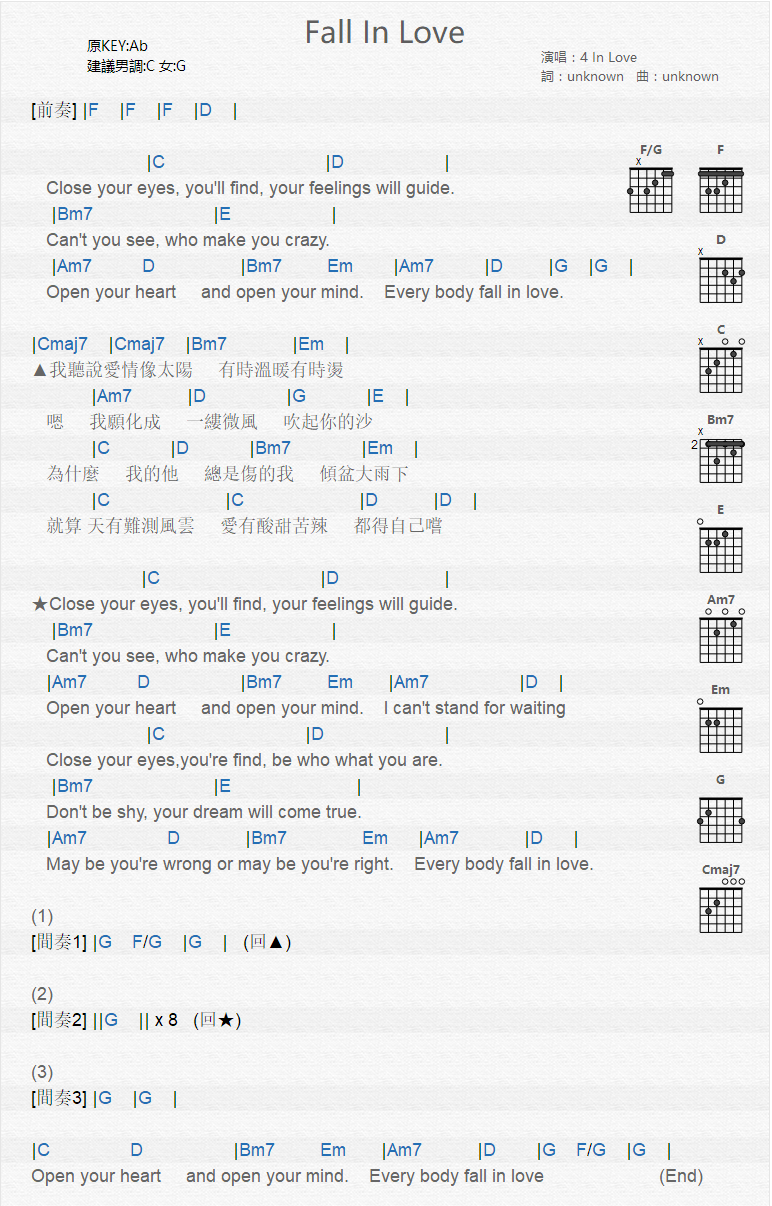 《Fall In Love》吉他谱-C大调音乐网