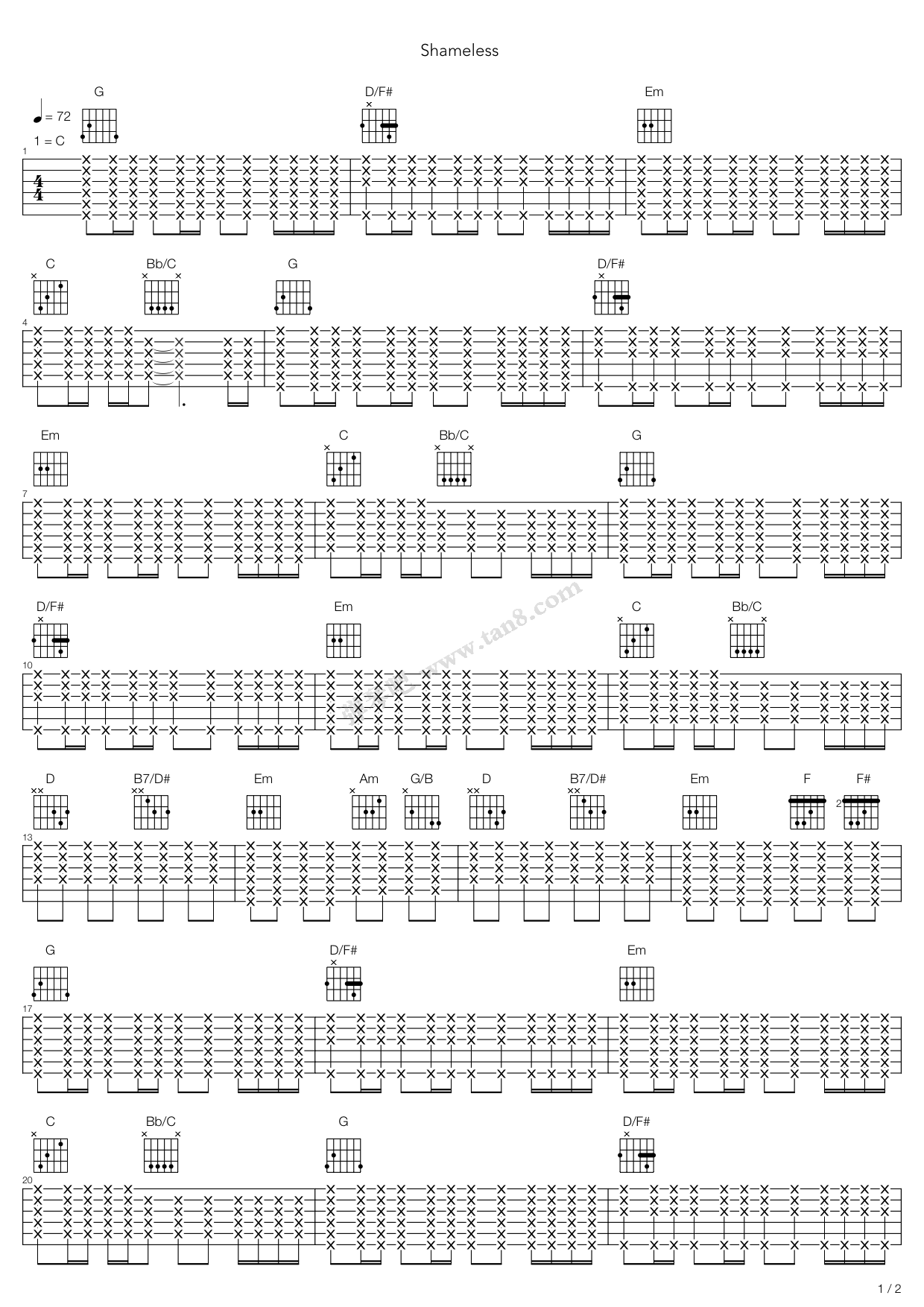 《Shameless》吉他谱-C大调音乐网