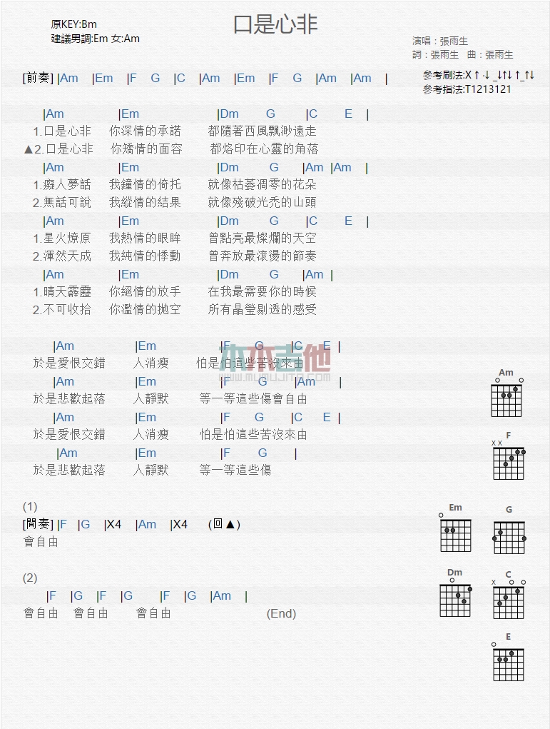 《口是心非》吉他谱-C大调音乐网