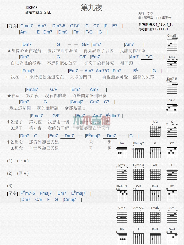 《第九夜》吉他谱-C大调音乐网