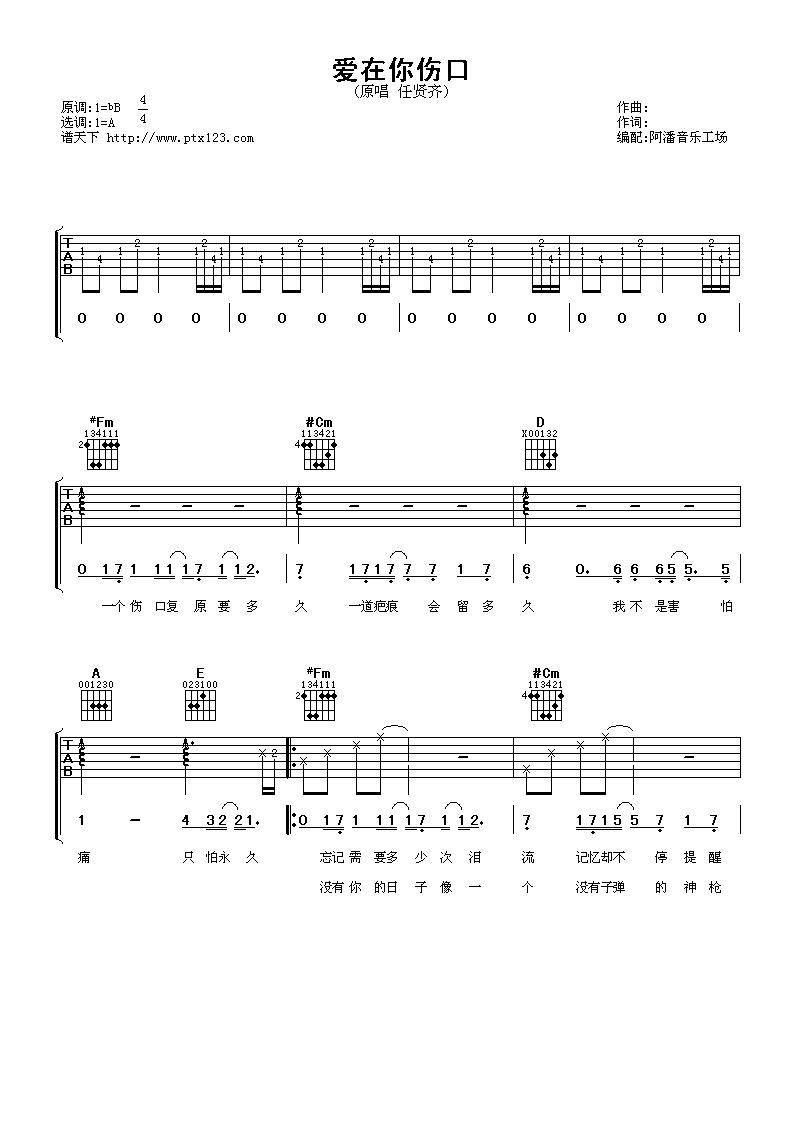 任贤齐 爱在你伤口吉他谱-C大调音乐网