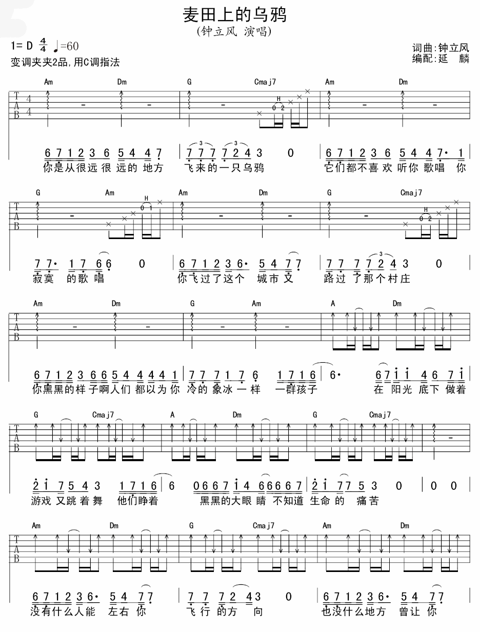 钟立风 麦田上的乌鸦吉他谱-C大调音乐网