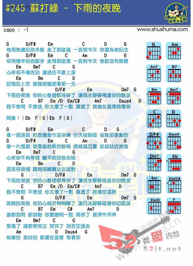 《下雨的夜晚 马叔叔吉他弹唱示范吉他谱视频》吉他谱-C大调音乐网