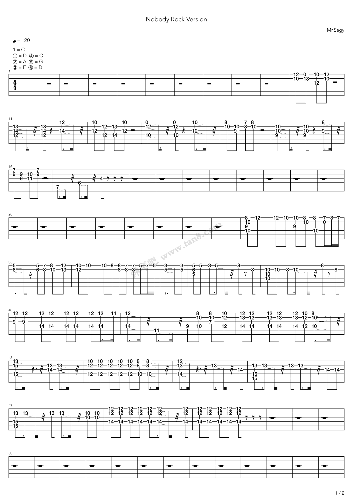 《Nobody摇滚版》吉他谱-C大调音乐网