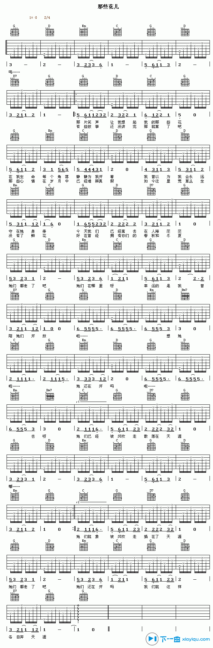 《那些花儿吉他谱简单版_朴树那些花儿六线谱G调》吉他谱-C大调音乐网