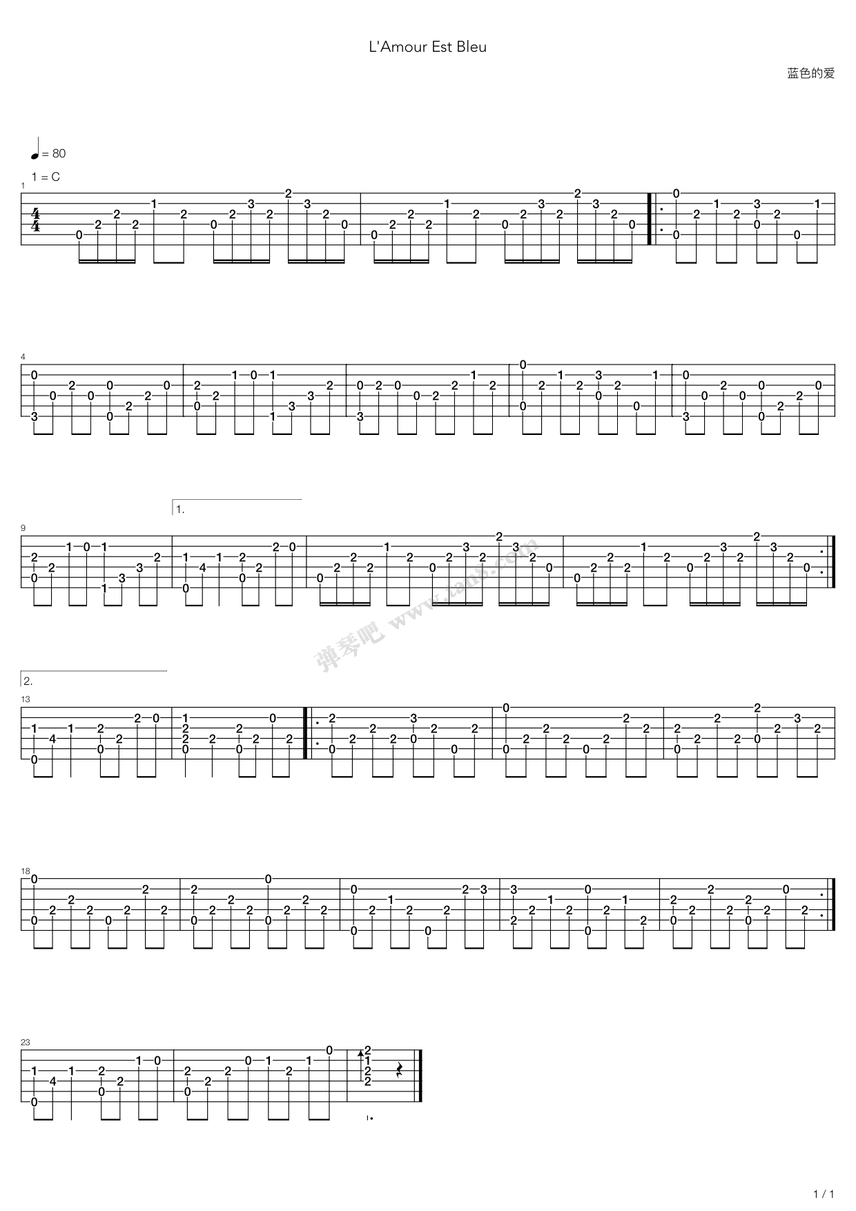 《Love Is Blue蓝色的爱指弹独奏》吉他谱-C大调音乐网