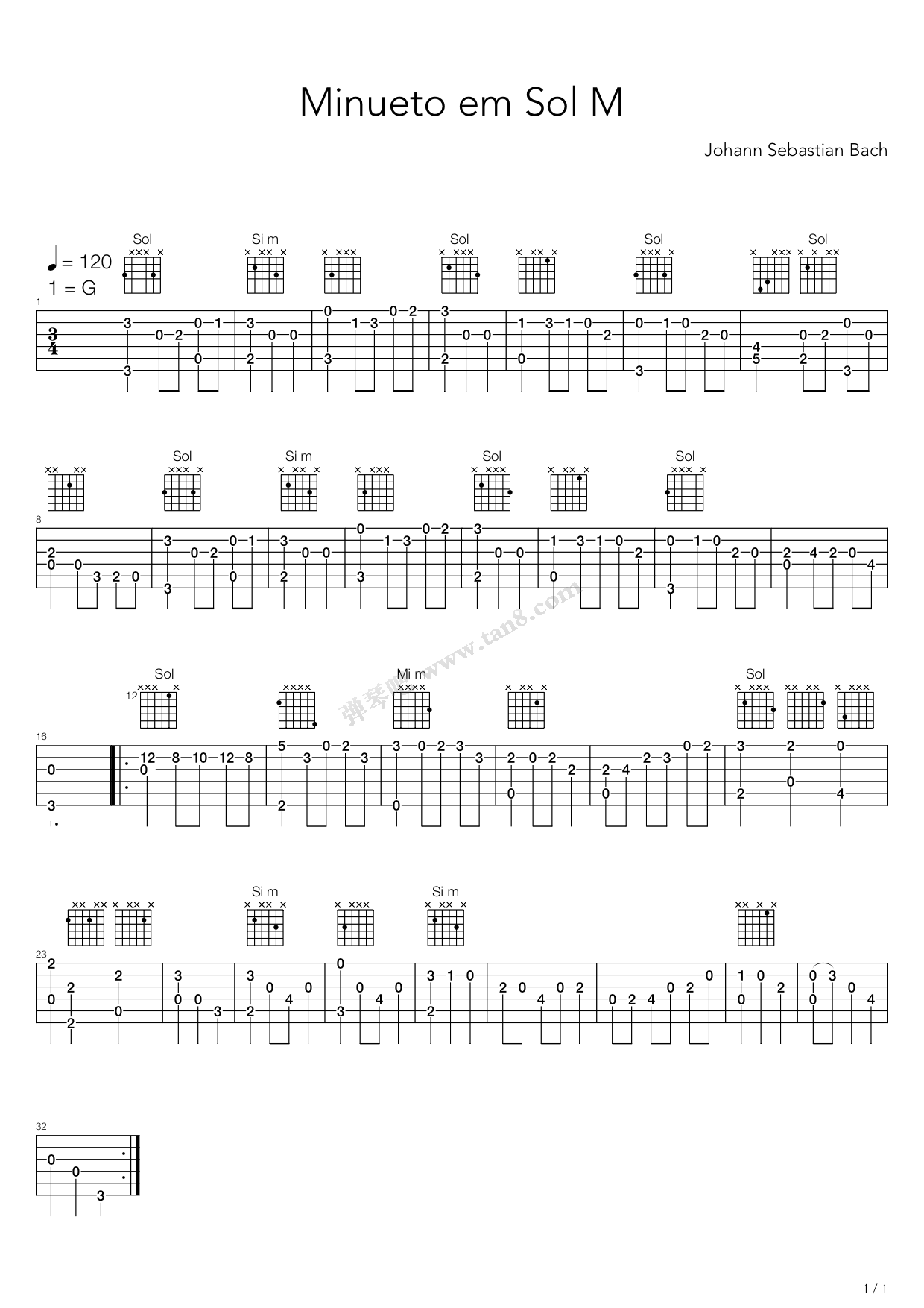 《Minuet In G》吉他谱-C大调音乐网