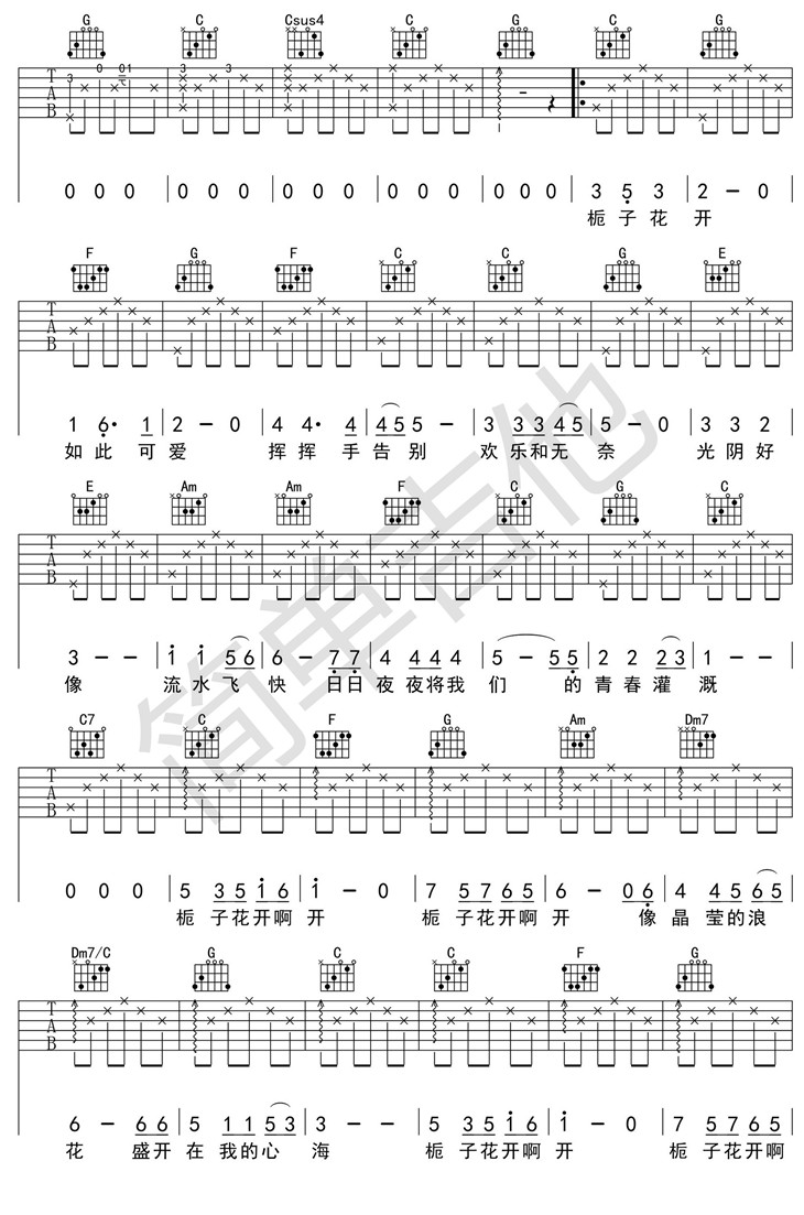 栀子花开吉他谱 C调（超级简单版）何炅-C大调音乐网