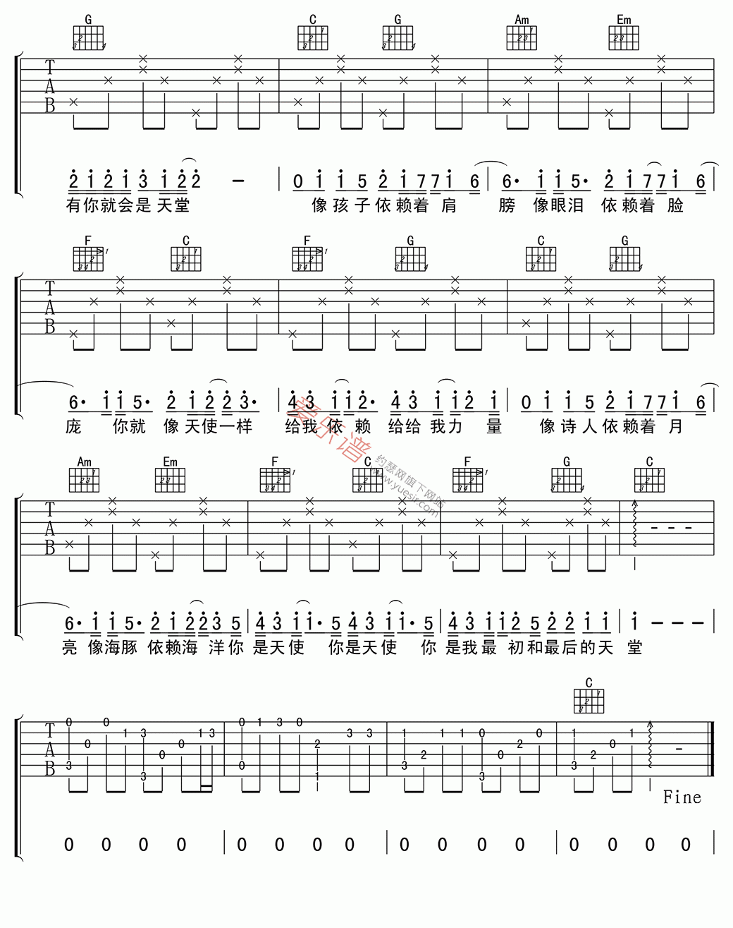 《五月天《天使》》吉他谱-C大调音乐网