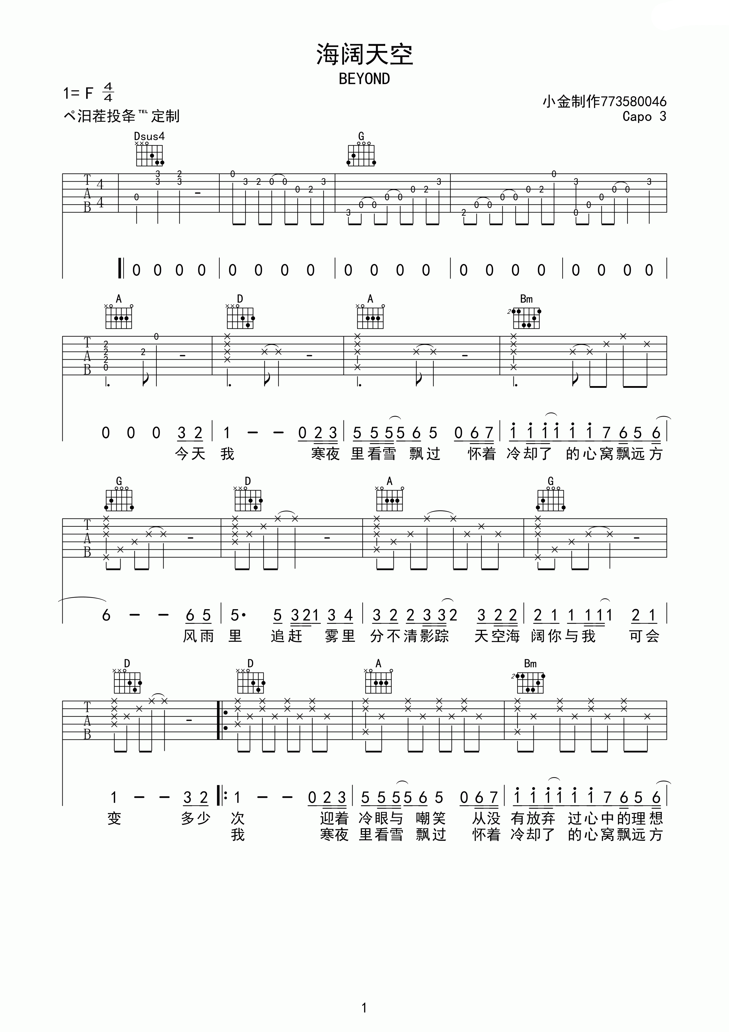 beyond 海阔天空吉他谱 F调高清版-C大调音乐网