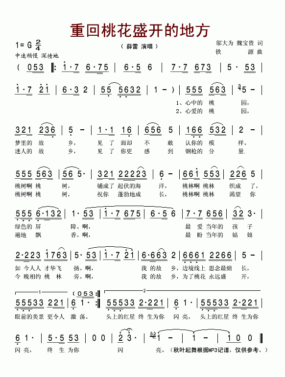 《重回桃花盛开的地方-薛雷(简谱)》吉他谱-C大调音乐网