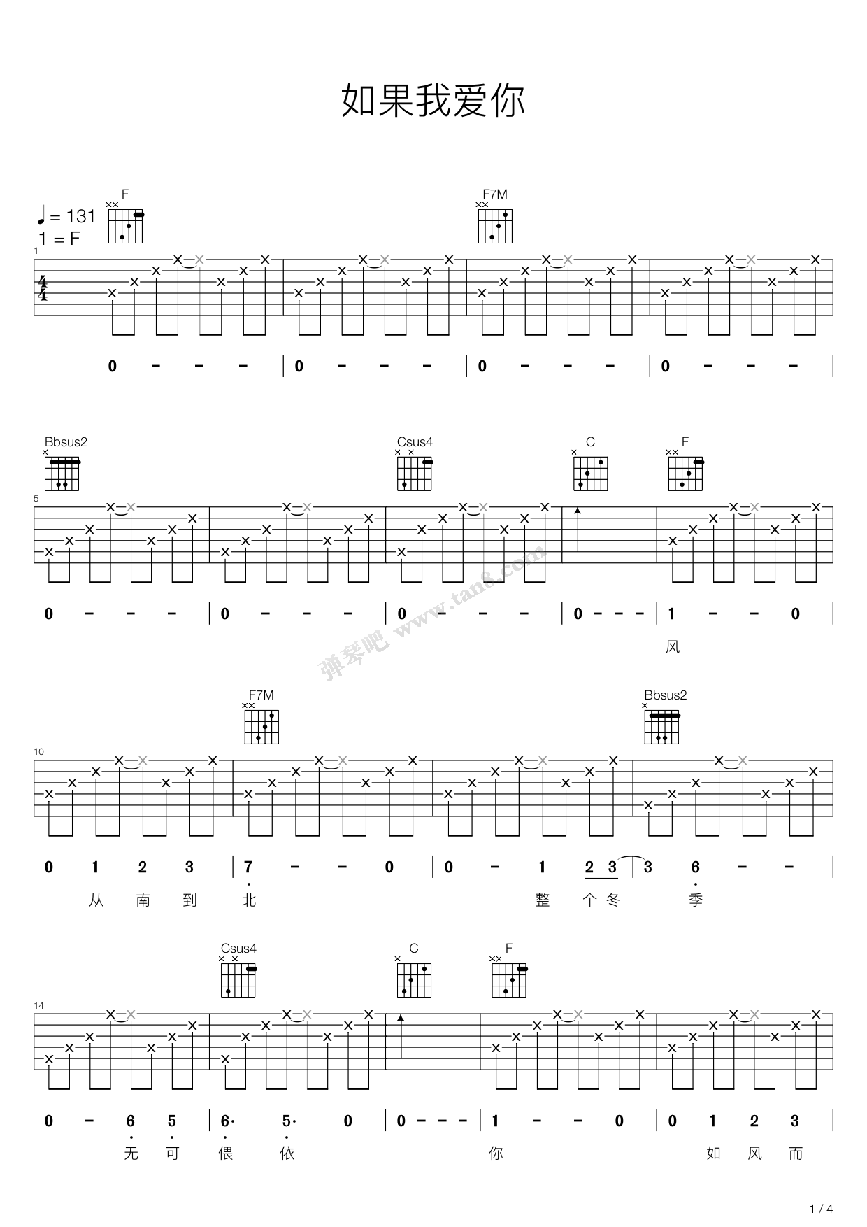 《如果我爱你（电视剧十里春风不如你片头曲）》吉他谱-C大调音乐网