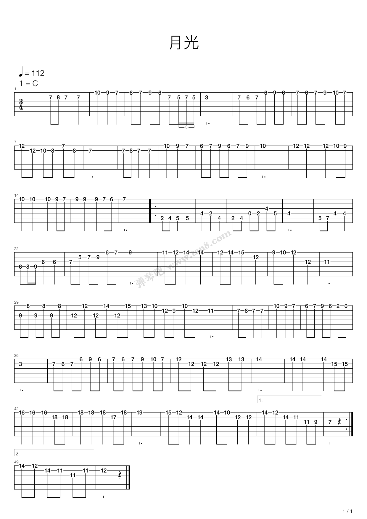 《月光》吉他谱-C大调音乐网