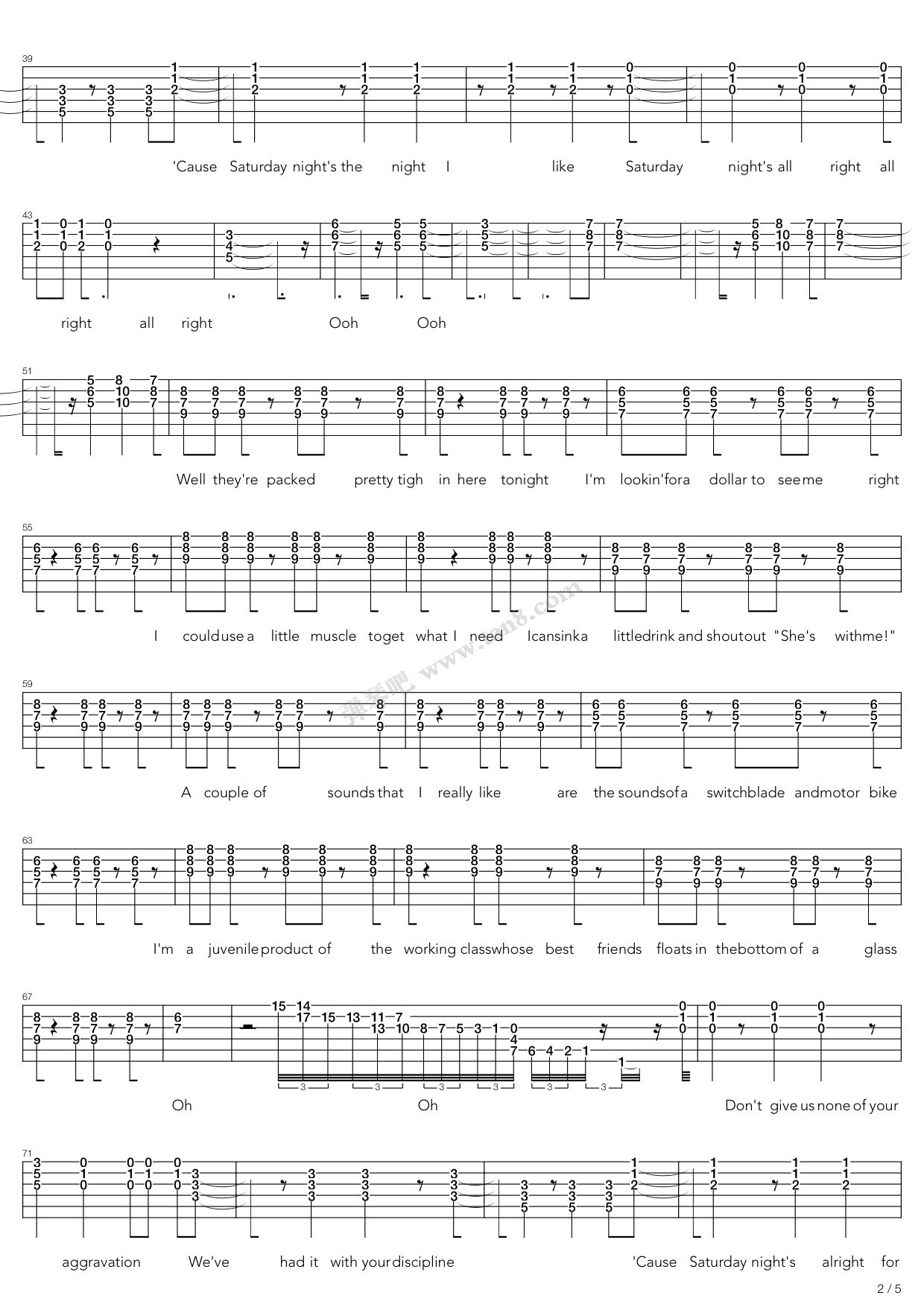 《Saturday Nights Alright For Fighting》吉他谱-C大调音乐网