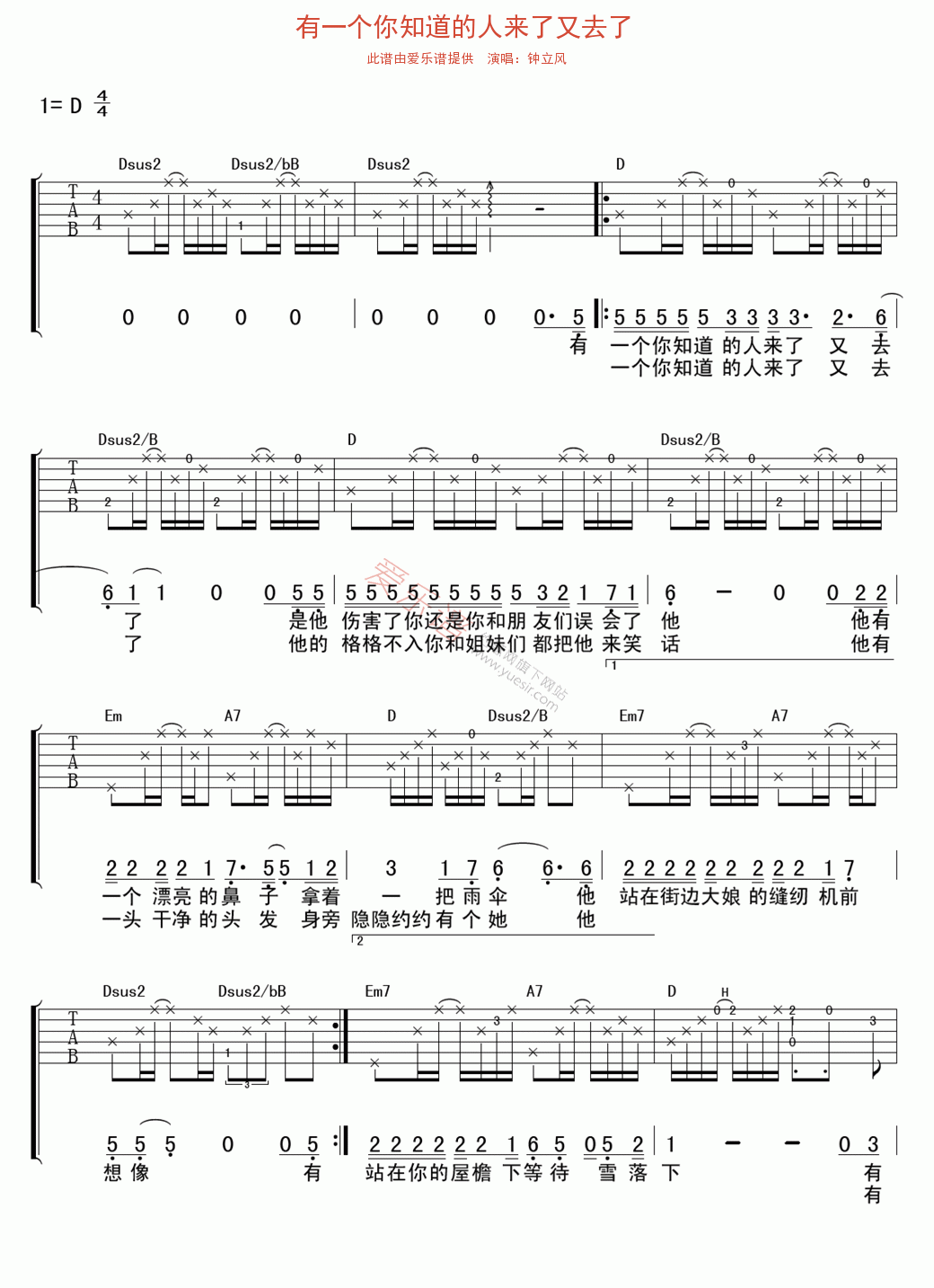 《钟立风《有一个你知道的人来了又去了》》吉他谱-C大调音乐网