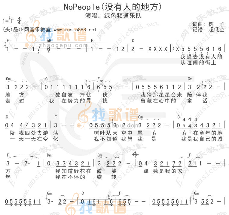 《Nopeople没有人的地方（简谱+吉他和弦）》吉他谱-C大调音乐网