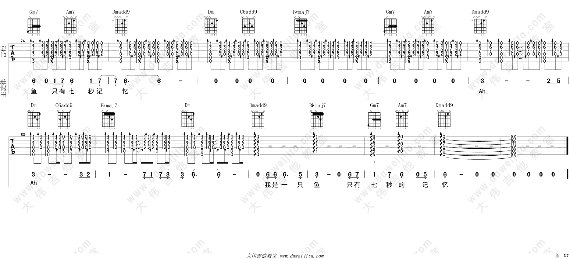 《姚贝娜《鱼》吉他谱_吉他弹唱教学_F调版》吉他谱-C大调音乐网