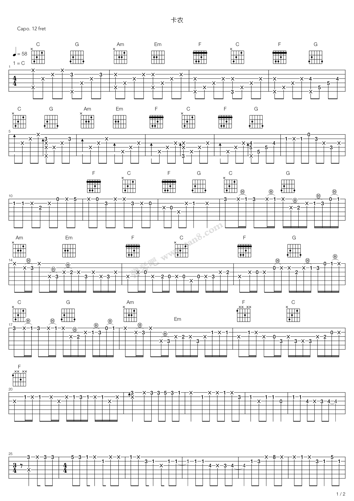 《卡农(Canon)》吉他谱-C大调音乐网