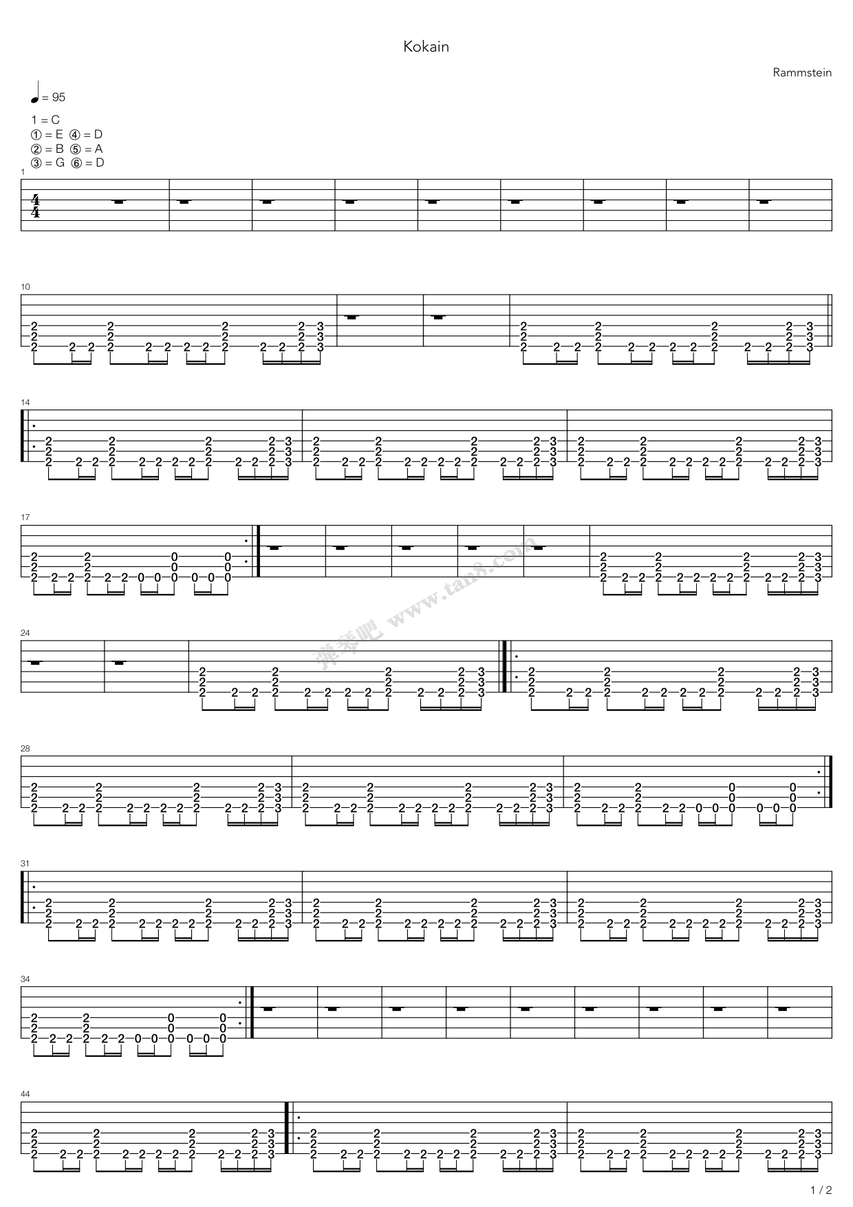《Kokain》吉他谱-C大调音乐网