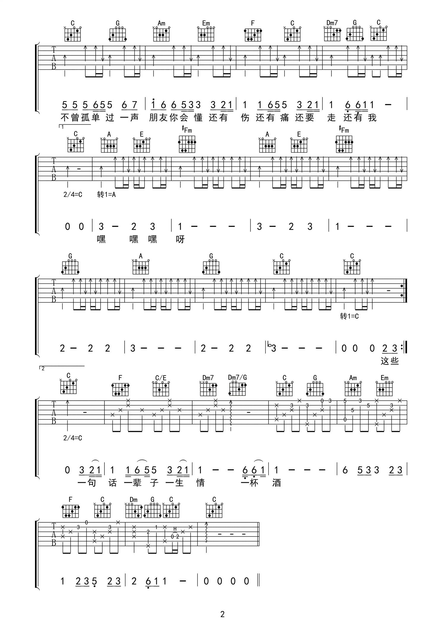 周华健 朋友吉他谱 C调华彩前奏版-C大调音乐网