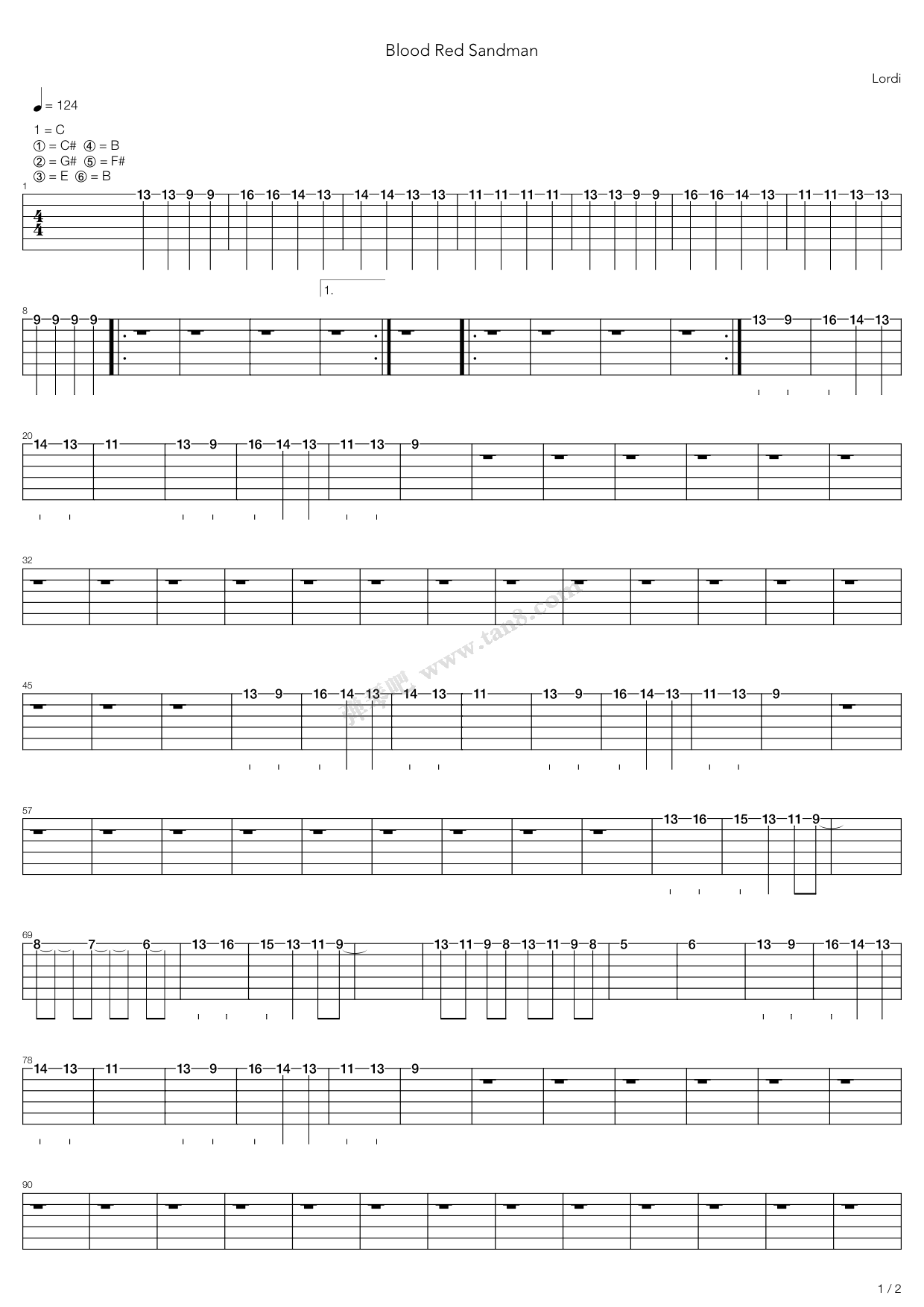 《Blood Red Sandman》吉他谱-C大调音乐网