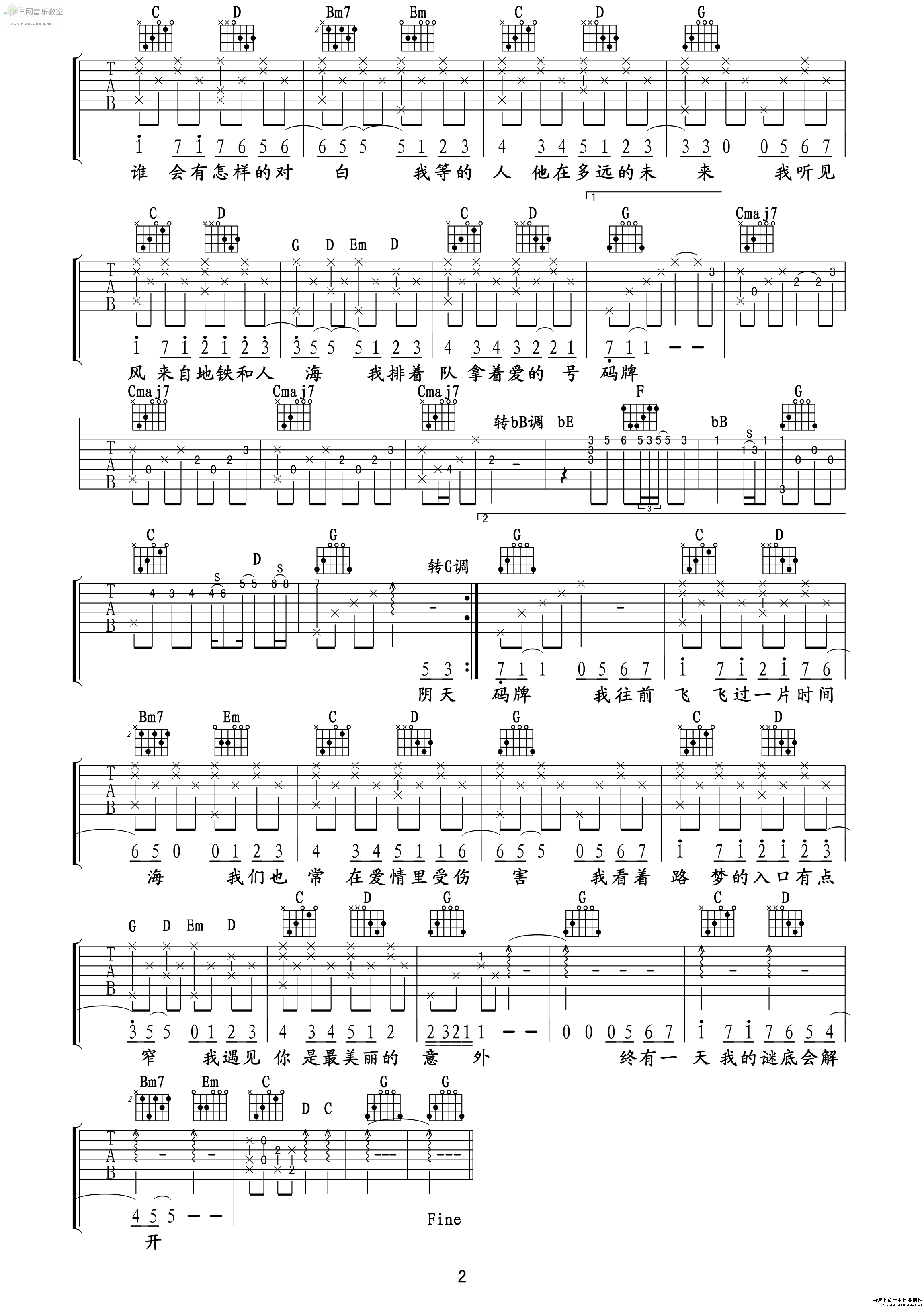 《遇见－孙燕姿(吉他谱_至尊宝编配版)》吉他谱-C大调音乐网