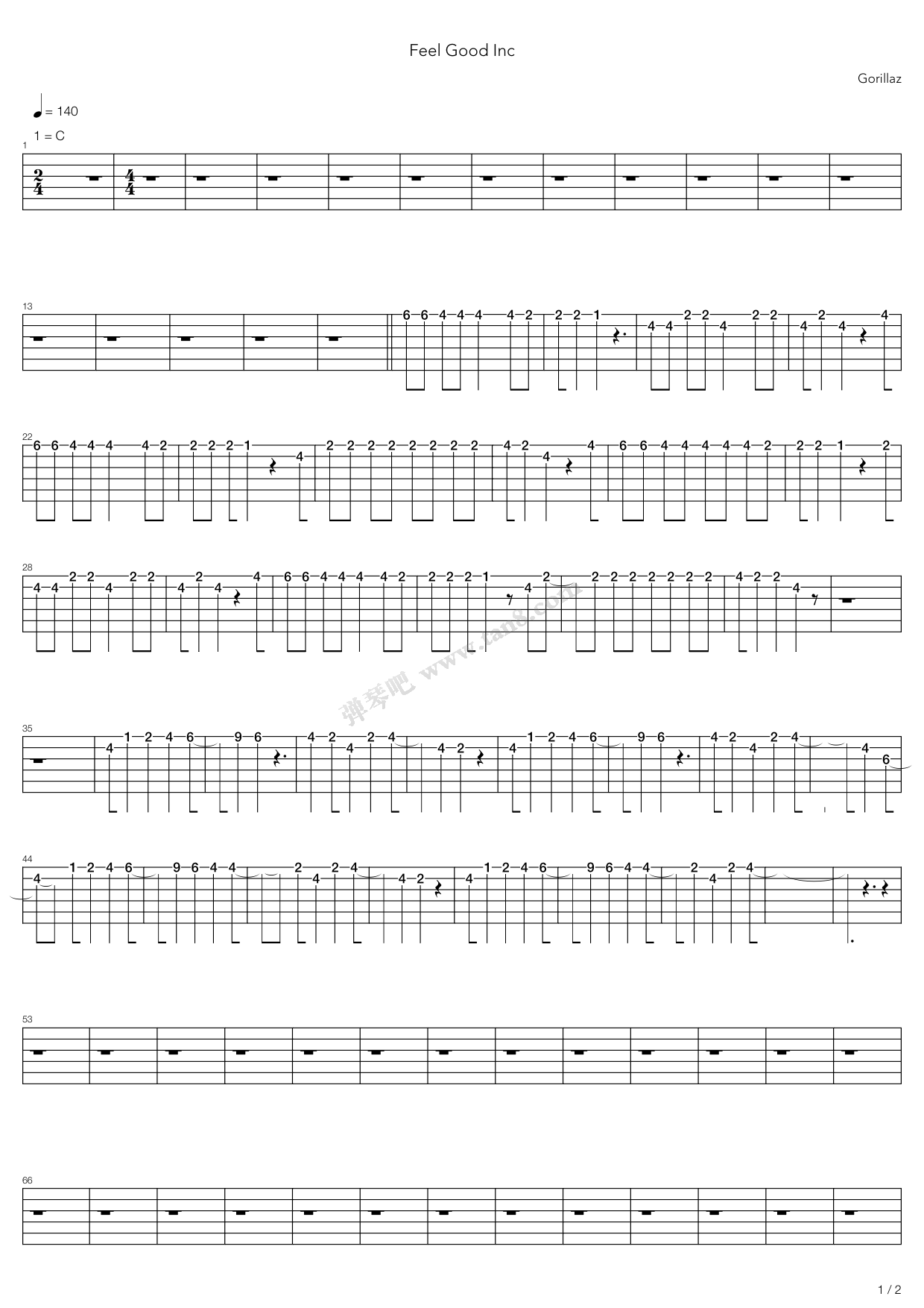 《Feel Good Inc》吉他谱-C大调音乐网
