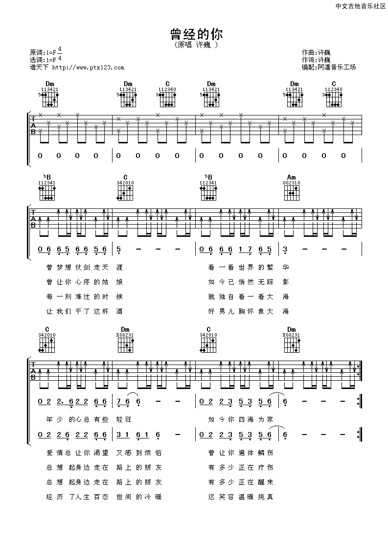 《曾经的你》吉他谱-C大调音乐网
