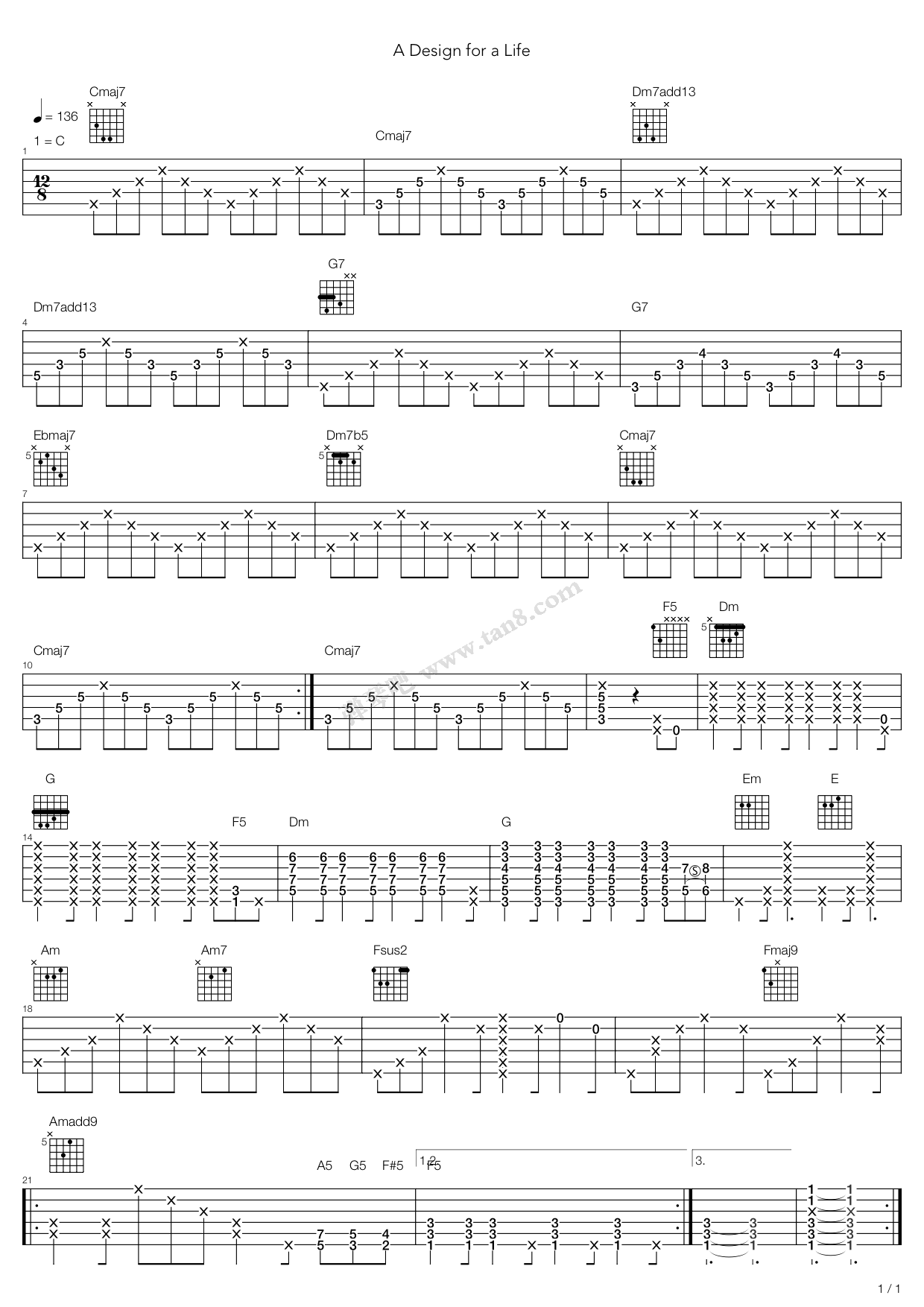 《A Design For A Life》吉他谱-C大调音乐网