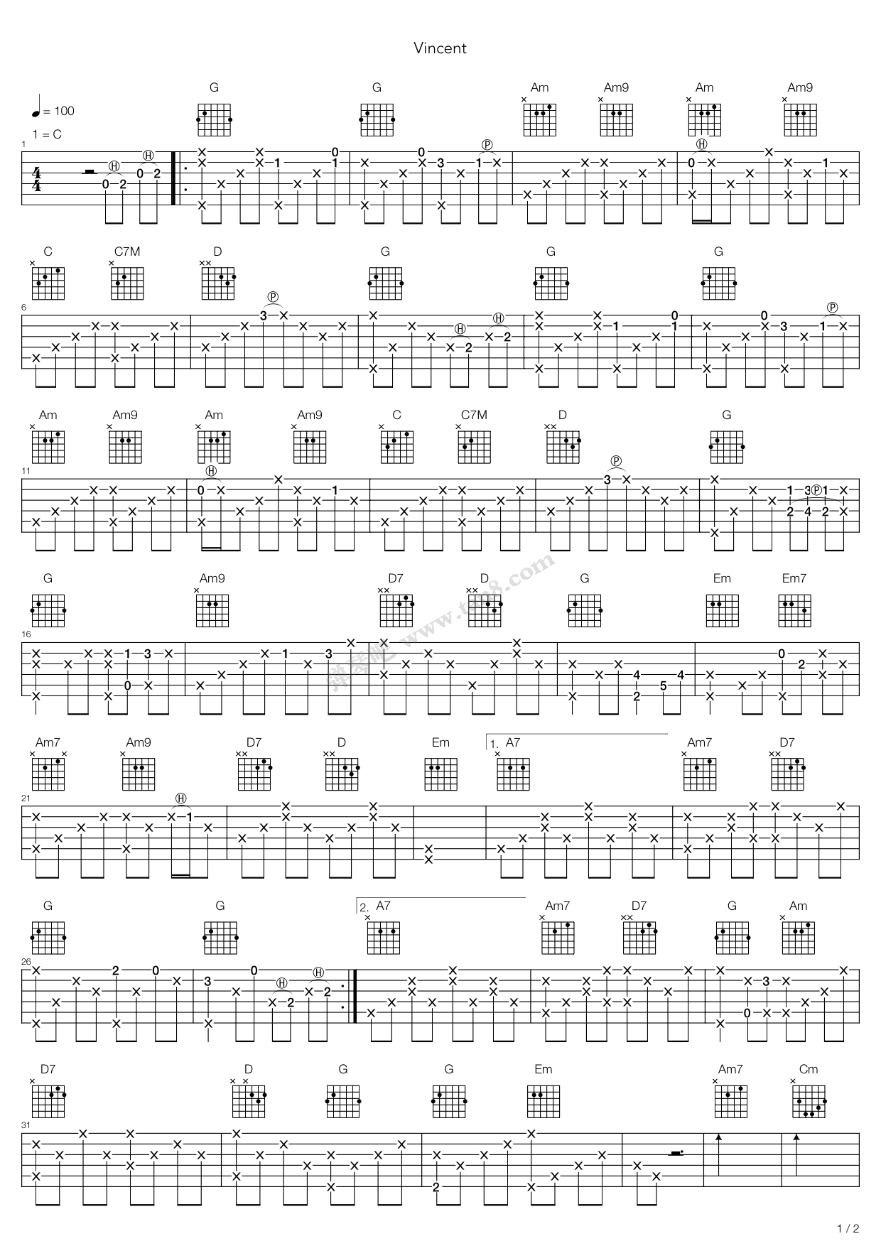 《Vincent》吉他谱-C大调音乐网
