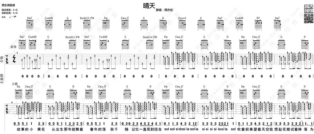 《晴天吉他谱(G调弹唱谱)_周杰伦_晴天吉他六线谱》吉他谱-C大调音乐网