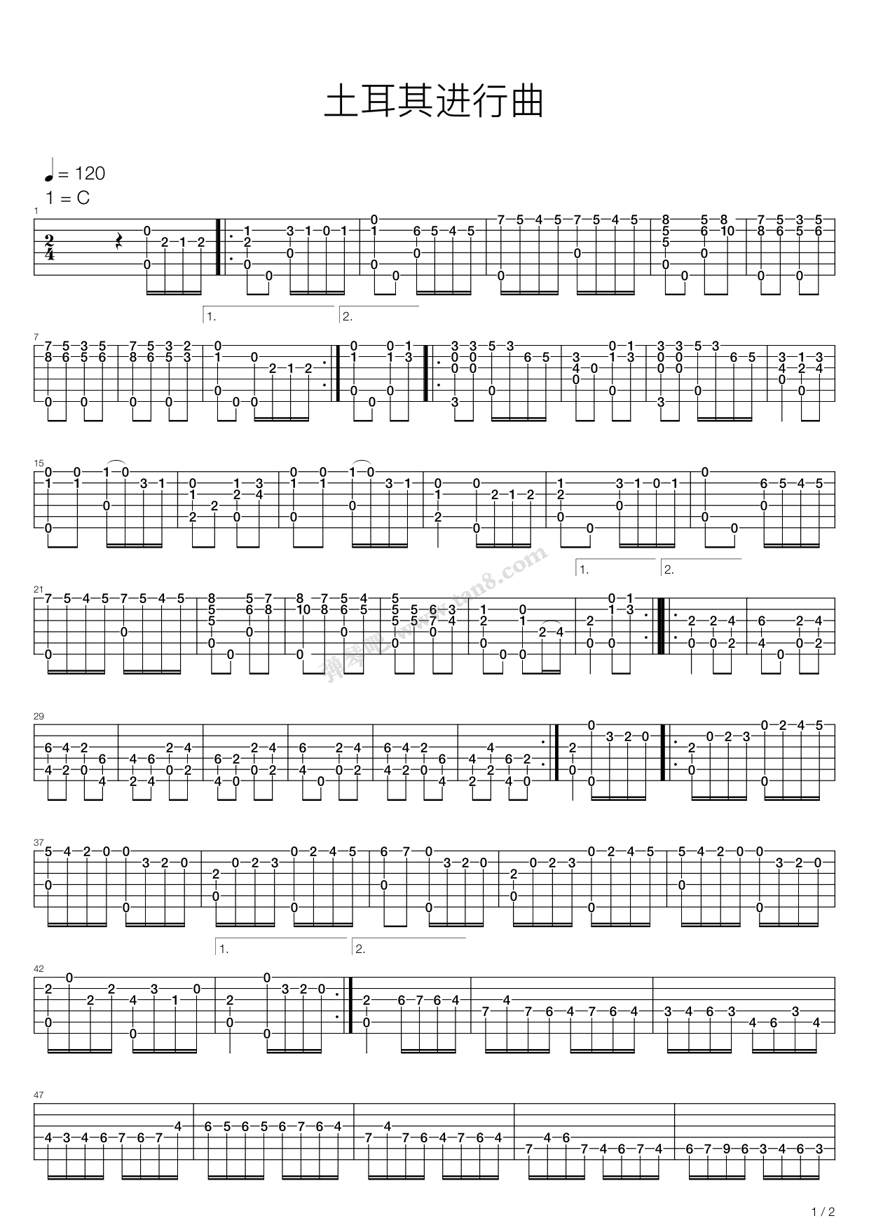 《土耳其进行曲》吉他谱-C大调音乐网