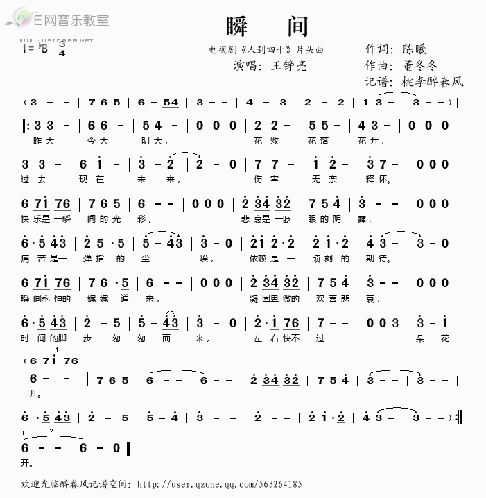 《瞬间（电视剧《人到四十》片头曲）——王铮亮（简谱）》吉他谱-C大调音乐网