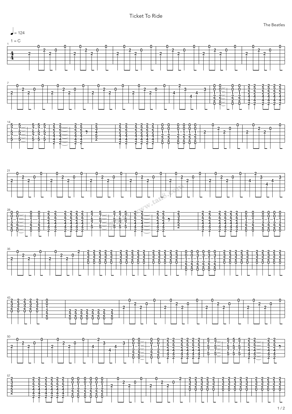 《Ticket To Ride》吉他谱-C大调音乐网