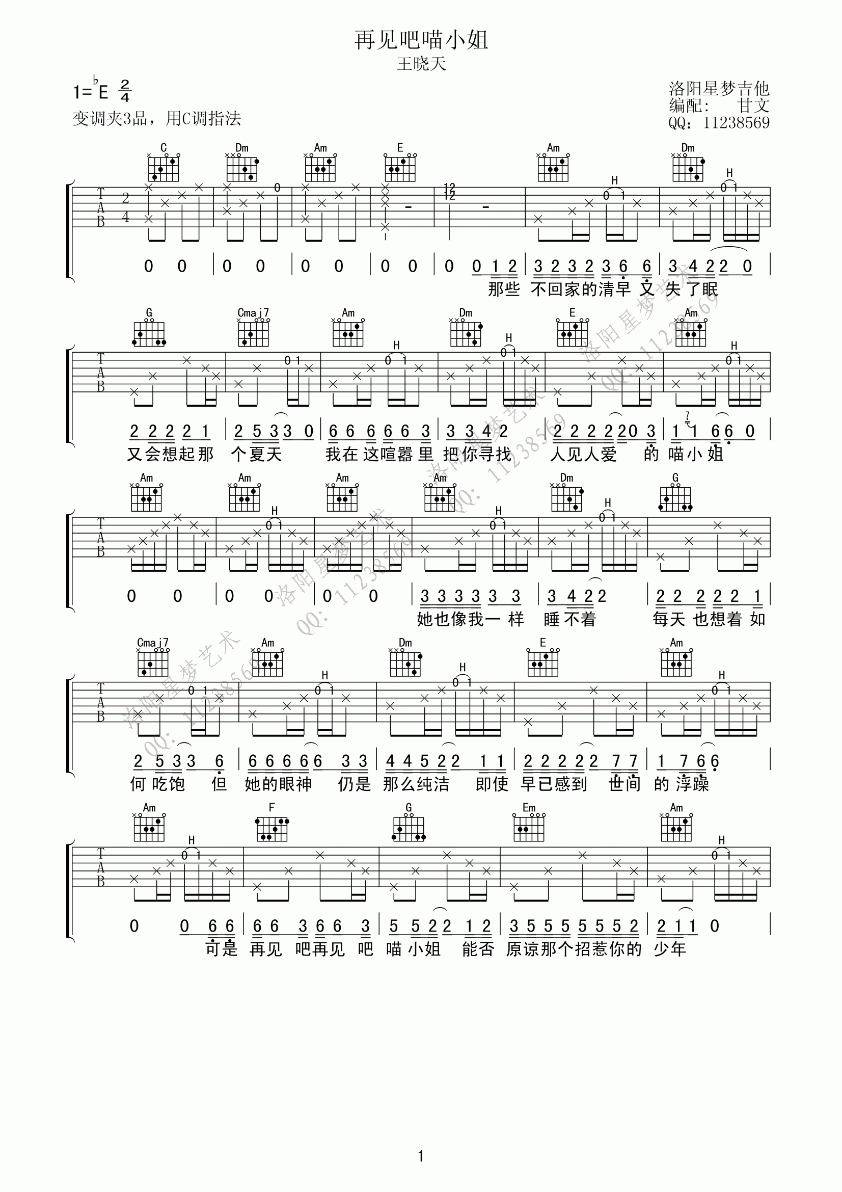 《再见吧喵小姐吉他谱 王晓天 C调高清版》吉他谱-C大调音乐网