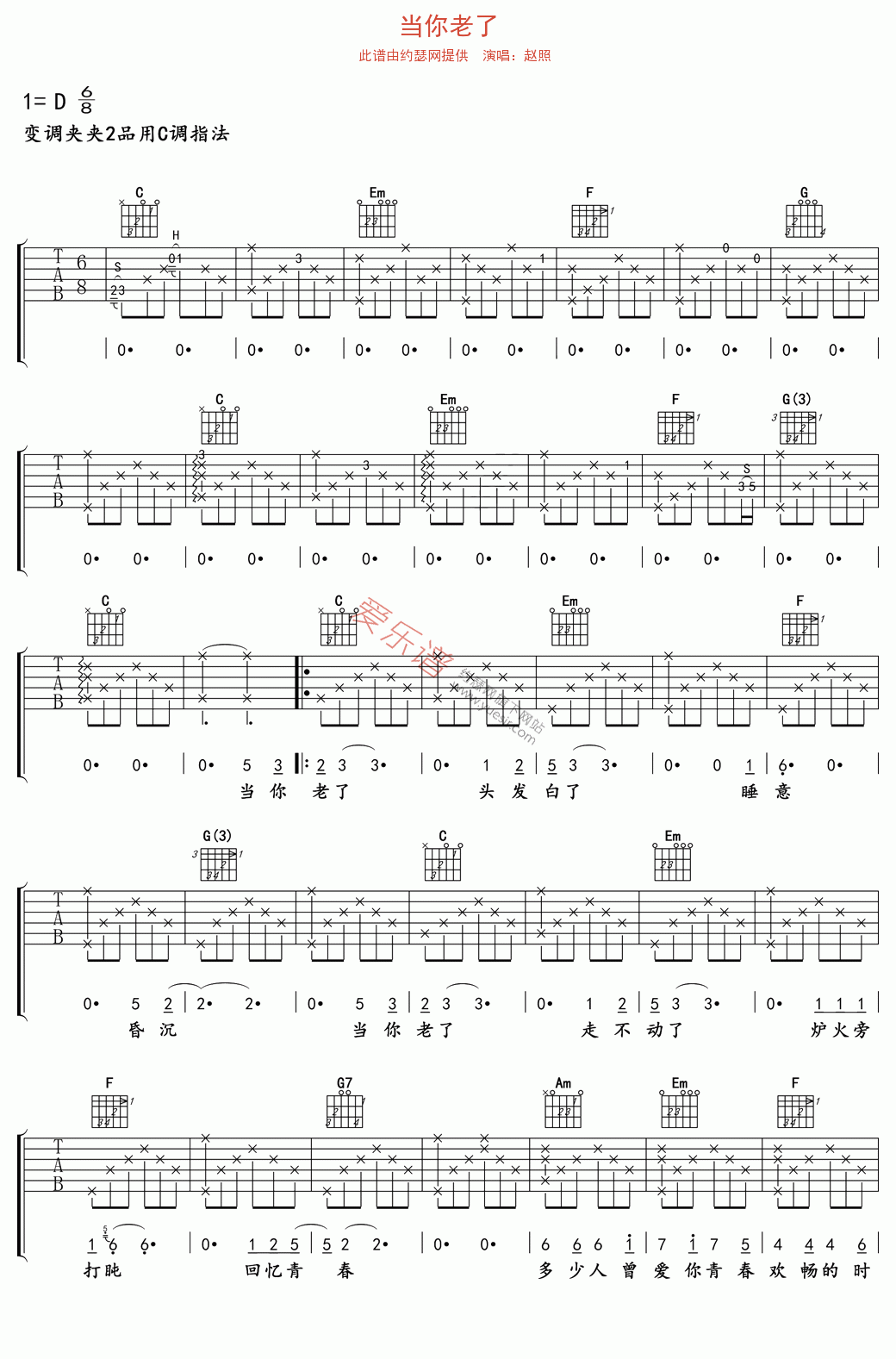 《赵照《当你老了》》吉他谱-C大调音乐网
