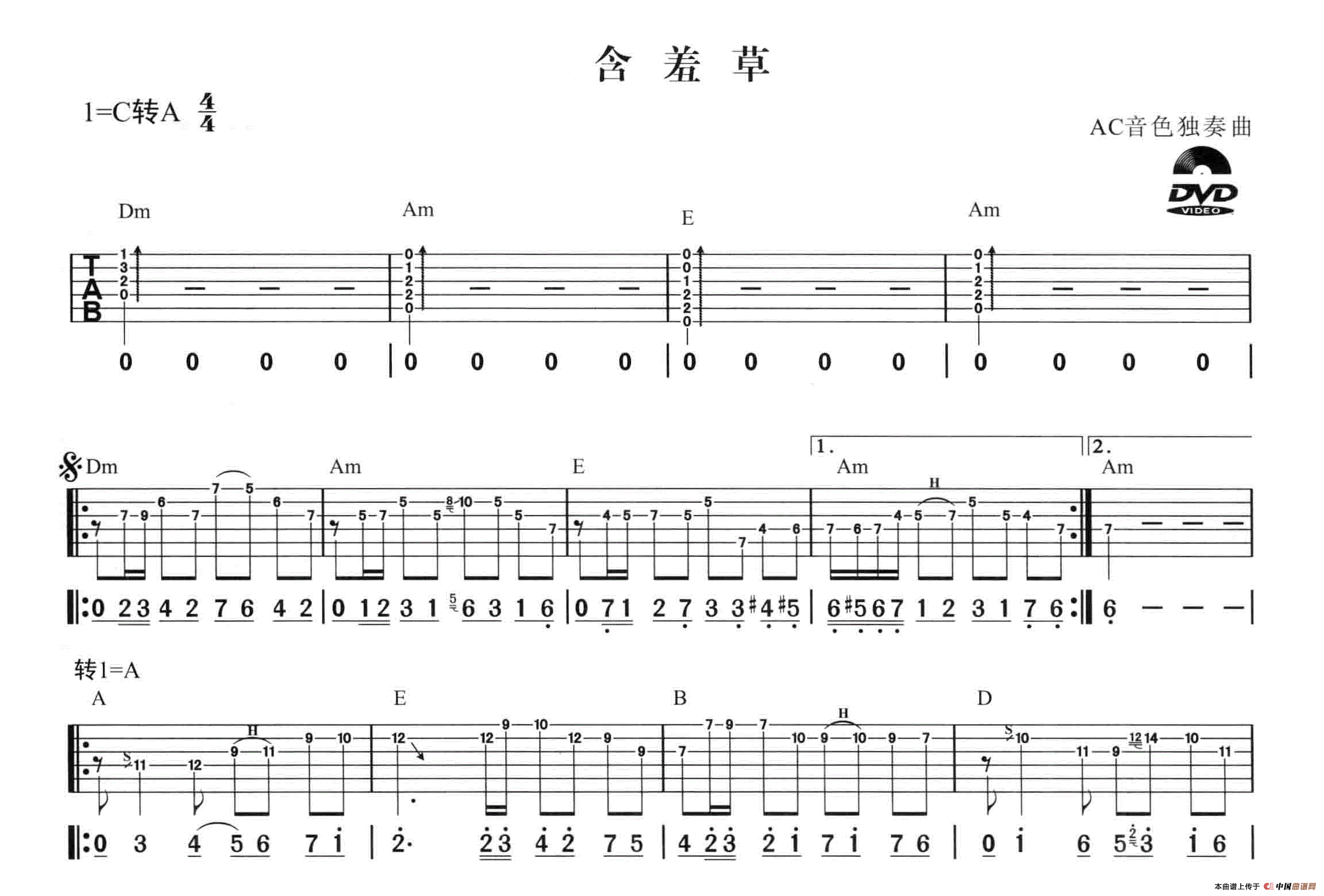 《含羞草（AC音色电吉他独奏曲）》吉他谱-C大调音乐网