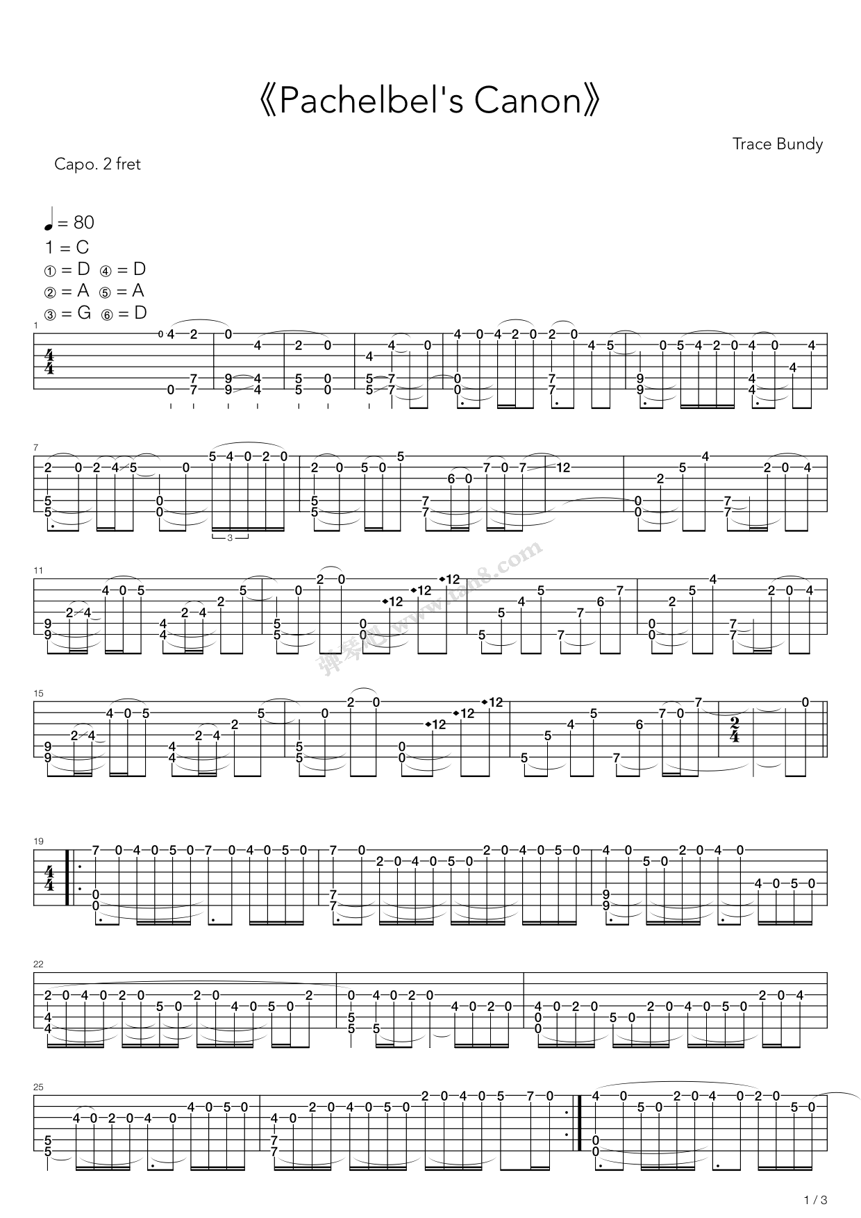 《卡农 点弦版(Canon)》吉他谱-C大调音乐网